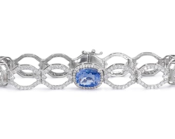 14k White Gold Bracelet w/ 9.72ct Natural Sapphire and Natural Diamonds GIA Cert