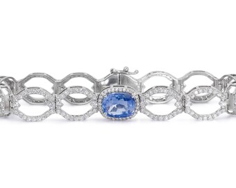 14k White Gold Bracelet w/ 9.72ct Natural Sapphire and Natural Diamonds GIA Cert for Women Girls Gold Jewelry Girls