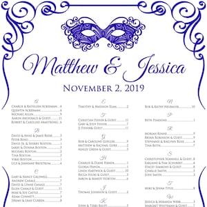 Może przedstawiać: Plan rozsadzenia gości na wesele z ozdobną niebiesko-białą ramką. Na planie wymienione są nazwiska gości, którzy uczestniczą w ślubie Matthew i Jessici 2 listopada 2019 roku.