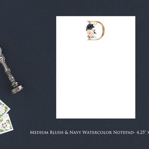 Custom Blush & Navy Floral Initial Tear-off Notepad- Medium 4.25&quot; x 5.5&quot;