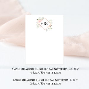 Multi Pack- Custom Diamond Blush Floral Monogram Tear-off Notepad- Small 3.5&quot; x 5&quot; or Large 5&quot; x 7&quot;
