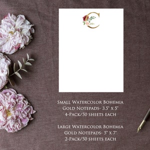 May include: A set of watercolor floral notepad sets with a gold letter C and floral design. The small notepads are 3.5 inches by 5 inches and come in a 4-pack with 50 sheets each. The large notepads are 5 inches by 7 inches and come in a 2-pack with 50 sheets each.