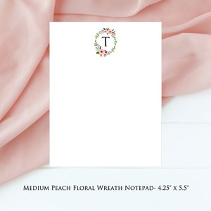 Custom Peach Floral Wreath Initial Tear-off Notepad- Medium 4.25&quot; x 5.5&quot;