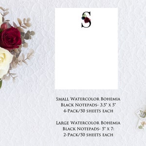 Multi-Pack- Custom Bohemia Floral Black Initial Tear-off Notepad- Small 3.5&quot; x 5&quot; or Large 5&quot; x 7&quot;