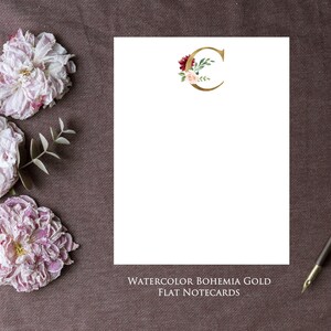 Custom Watercolor Bohemia Gold Initial Notecards and Folded Cards
