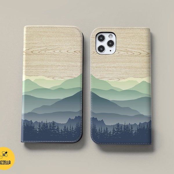 Mountain wood flip wallet for Pixel 7 6a 6 5a 5 4a iPhone 14 Plus 13 mini xs x xr Samsung S23 S22 Ultra S21 S20 FE S10 10 A71 A52 A51 bz395