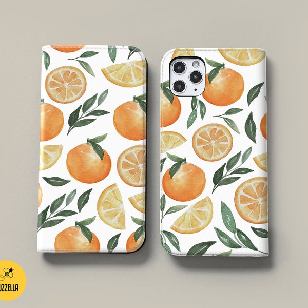 Orange citrus flip wallet for iPhone 14 Plus 15 13 12 pro max xs x xr Pixel 7 6a 6 5a 5 4a Galaxy S23 S22 Ultra S21 S20 FE A71 A52 A51 bz406
