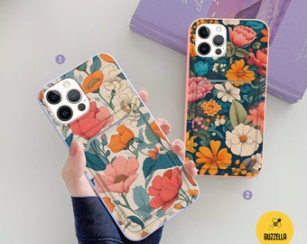 Pastel floral card pocket case for Samsung S23 S24 S22 S21 S20 iPhone 15 14 Plus 13 Mini 12 Pro Max iPhone 11 XS Max X  XR iPhone 8 7 bz460