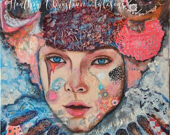 Carnivalesque mixed media 11 x 14 collage style custom portrait on canvas