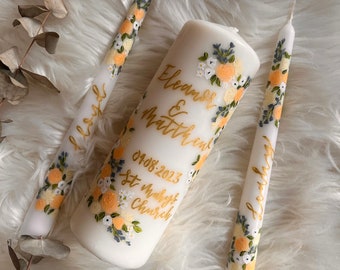 Bespoke hand painted floral Unity Wedding Ceremony Candle Set, matching unity ceremony candles, church wedding candles