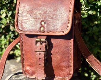 Small crossbody bag, brown leather phone bag, leather shoulder bag, travel bag, dog walking bag, small leather man bag, small bag for her