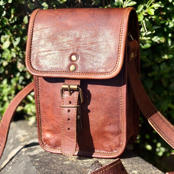 Small crossbody bag, brown leather phone bag, leather shoulder bag, travel bag, dog walking bag, small leather man bag, small bag for her