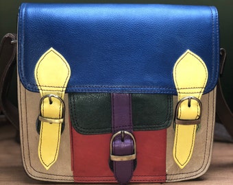 sustainable recycled multi-coloured leather messenger Coloured leather satchels unique shoulder bag crossbody womens coloured leather bag