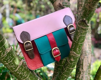 sustainable recycled multi-coloured leather messenger Coloured leather satchels unique shoulder bag crossbody womens coloured leather bag