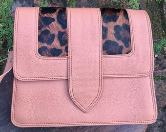 Nude/Pink recycled leather bag, soft pink/beige leather & animal print purse, sustainable leather bag, quirky Fairtrade bag, one-of-a-kind