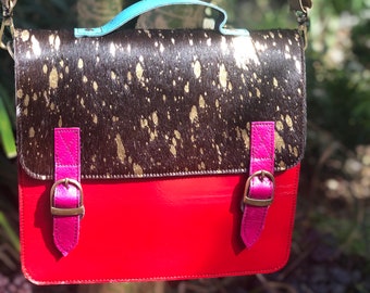 sustainable recycled multi-coloured leather messenger Coloured leather satchels unique shoulder bag crossbody womens coloured leather bag