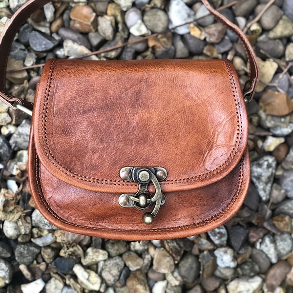 Rustic brown leather saddle bag, leather shoulder bag, retro saddle  bag, EDC, crossbody phone bag, small meds bag, fairtrade leather purse