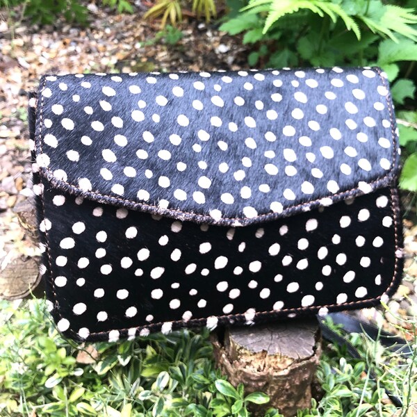 White spotty leather bag, black & white furry clutch bag, ethically made unique bag, sustainable leather, zerowaste recycled leather purse