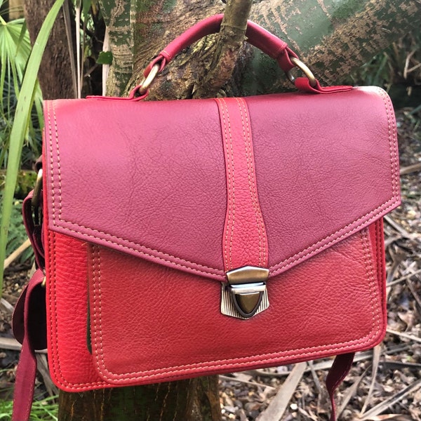 Colourful recycled leather bag, shades of red handbag, unique shoulder bag, quirky colour block bag, sustainable buffalo leather purse