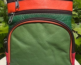 Travel accessory, soft leather compartment bag, colourful repurposed leather organiser bag, 5 zipped pockets, unique shoulder bag