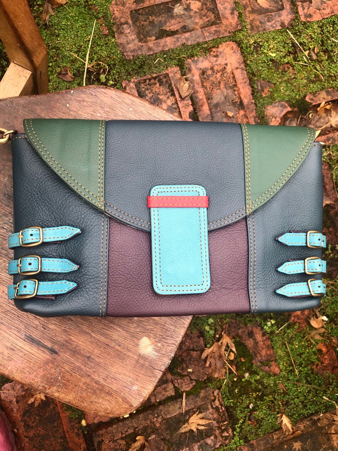Unusual & Unique Colourful Leather Bag, Recycled Leather Clutch