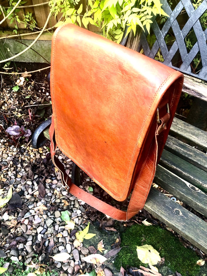 Brown leather bag, fairtrade bag for him, man bag, leather messenger bag, crossbody/shoulder bag for iPad, 11”x9” vintage-look leather bag image 10