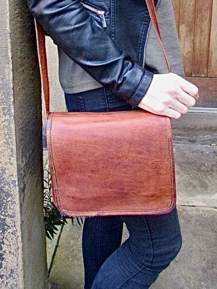 Brown Square Leather Bag Plain Front Crossbody Bag Small -  Israel