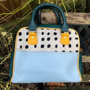 Large recycled leather shoulder bag with handles, pale blue leather/spotty fur bag, colour block purse, sustainable buffalo leather bag