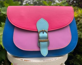 Red, Pink & Blue recycled leather bag, sustainable leather, Fairtrade, unique summer bag, zerowaste, ethically crafted from leather offcuts