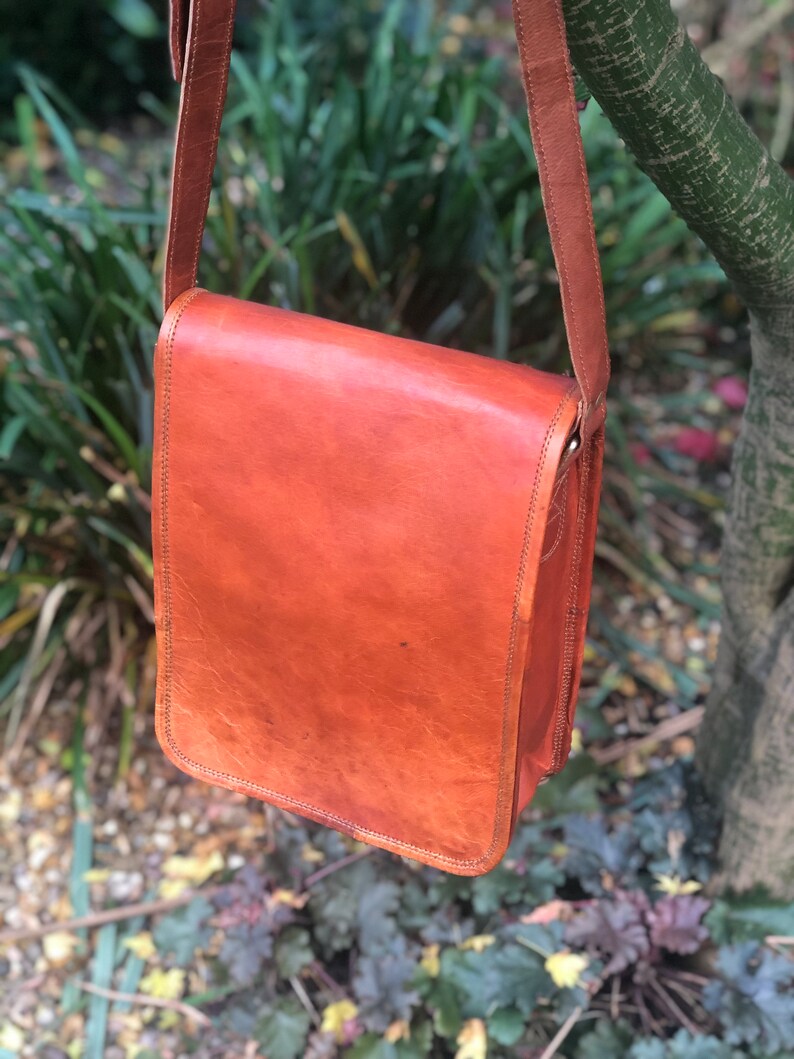 Brown leather bag, fairtrade bag for him, man bag, leather messenger bag, crossbody/shoulder bag for iPad, 11”x9” vintage-look leather bag image 7