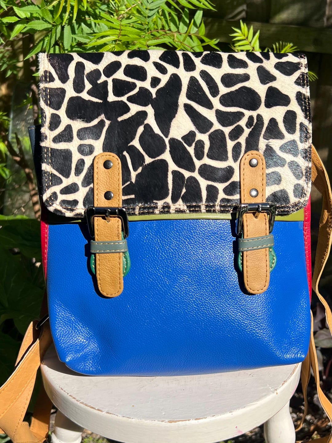 Blue Leather/animal Print Bag, Convertible Backpack-to-crossbody ...