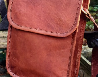 Brown leather bag, holiday bag, leather man bag, real leather messenger, dog walking bag, small leather bag, travel bag, 7”x9” shoulder bag,