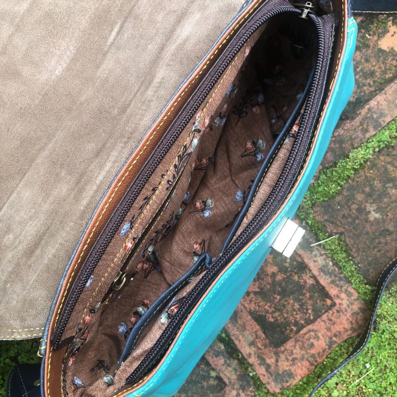 Turquoise Blue Leather/leopard Print Bag, Recycled Leather Bag With Top