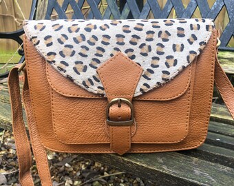 Small recycled leather satchel, Easter gift for her, unique tan leather/animal print bag, sustainable leather, ethically crafted messenger