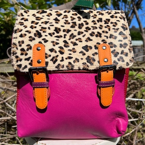 Mochila-bandolera pequeña convertible de piel, bolso único de piel/piel reciclada, bloques de color, cero residuos, piel sostenible