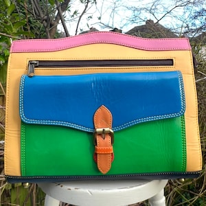 Unique multi-coloured bag, unusual design shoulder bag, sustainable repurposed leather, colour-block bag, ethically crafted, Fairtrade