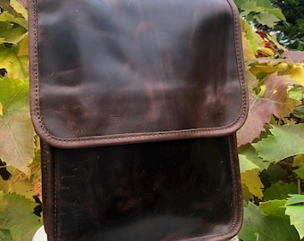 Brown vintage-looking leather bag, rustic leather messenger, plain front man-bag, buffalo ‘pull-up’ leather, iPad-size bag, Fairtrade