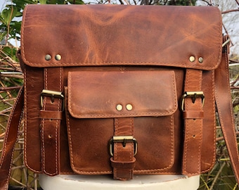 Traditional style leather satchel, buffalo ‘crunch’ vintage-looking satchel, leather iPad bag, real leather unisex messenger