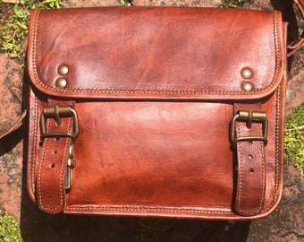 Stylish small brown leather satchel, vintage looking leather messenger,  7”x9” crossbody purse, distressed leather satchel, Fairtrade bag