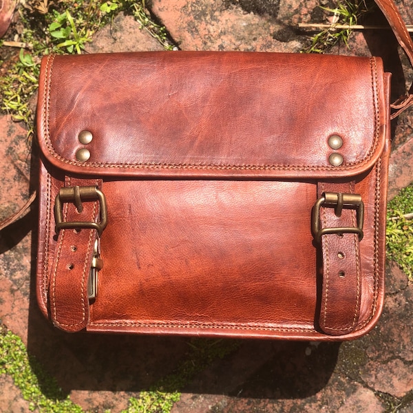 Stylish small brown leather satchel, vintage looking leather messenger,  7”x9” crossbody purse, distressed leather satchel, Fairtrade bag