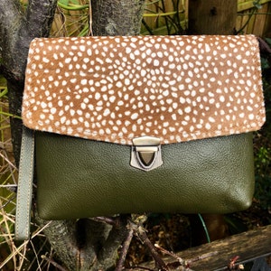 Green leather bag, leather clutch/shoulder bag, leather/printed fur purse, ethically crafted, sustainable recycled leather, zerowaste bag