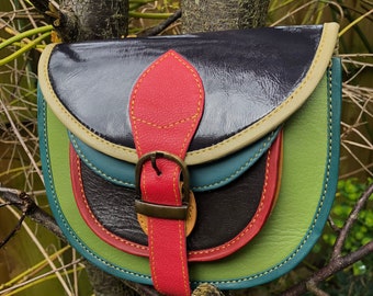 Small multi-coloured leather bag, colourful recycled leather bag, rainbow leather saddle bag, upcycled sustainable leather bag, quirky purse