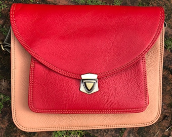 Red recycled leather bag, recycled leather bag, sustainable leather handbag, ethically made messenger bag, zerowaste purse, large handbag