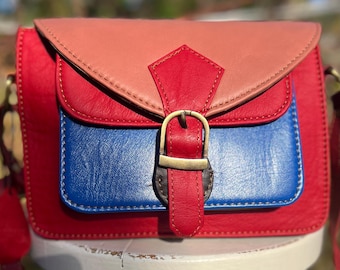 Red & Blue leather satchel, small 8.5”x6” repurposed leather messenger, unique gift, ethically crafted from offcuts, quirky summer bag