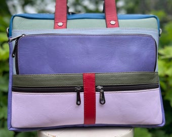 Multi-coloured leather laptop bag, 15”/38cm repurposed leather messenger, crossbody strap + top handles, unique sustainable leather bag