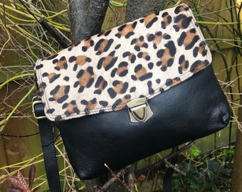 Black leather bag, leather clutch/shoulder bag, leather/animal print purse, ethically crafted, sustainable recycled leather, zerowaste bag