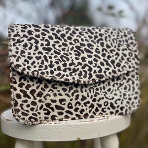 Animal print recycled leather bag, furry clutch, ethically made unique bag, sustainable leather, zerowaste purse, Fairtrade shoulder bag