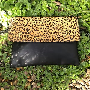 Black leather/leopard print bag, zerowaste buffalo purse, clutch/crossbody leather & fur bag, day/evening bag for her, zerowaste messenger