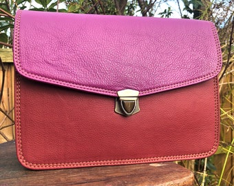 Muttertag rosa Ledertasche, Colourblock Messenger, nachhaltige Lederhandtasche, einzigartige Geldbörse, recyceltes Leder, ethisch hergestellt