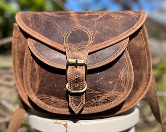 Rustic buffalo leather saddle bag, distressed leather, retro saddle bag, traditional bag, Fairtrade, ethically crafted